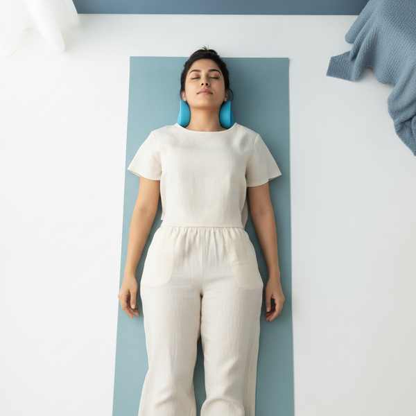 Overhead view of an Indian woman lying still on a yoga mat, head resting on a neck and shoulders massager for spinal alignmen