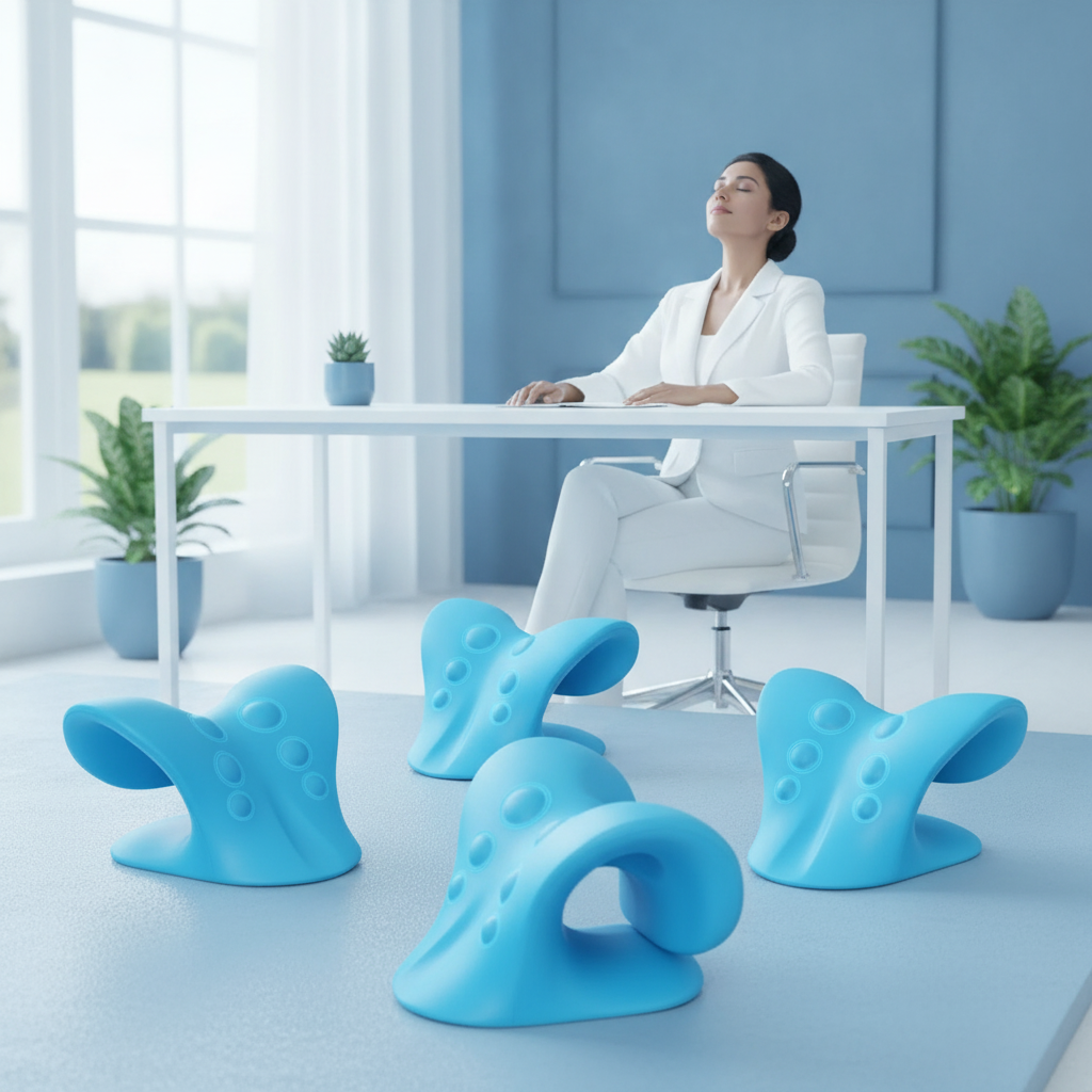 Multiple neck and shoulder massager relievers on a slate blue surface, with a blurred background of a professional Indian wom